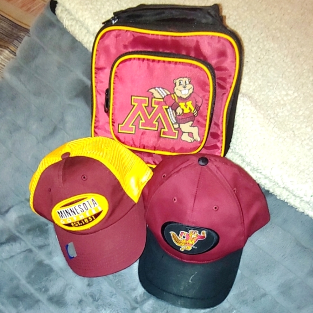 Two (2) Minnesota Gophers Baseball Hats and One (1) Soft Lunch Box/Bag.